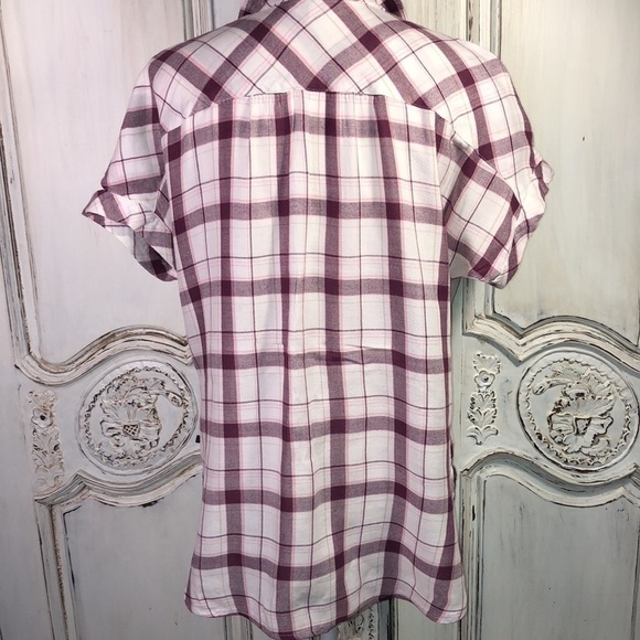 William Rast Short Dolman Sleeve Collar Pop Over Cotton Blend Plaid Top Size M - Picture 9 of 12